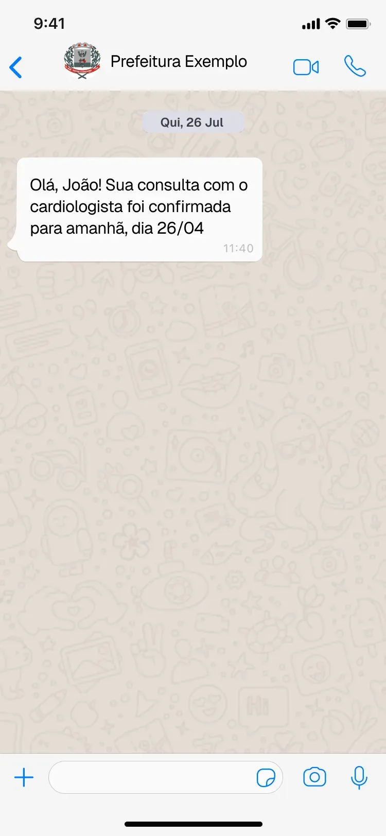 Exemplo de notificação WhatsApp enviada pela prefeitura ao cidadão com lembrete de consulta no SUS